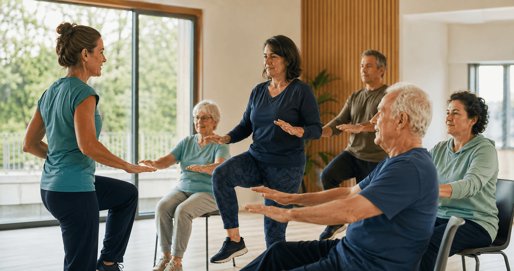 Activité physique adaptée en groupe accompagnée par une professionnelle